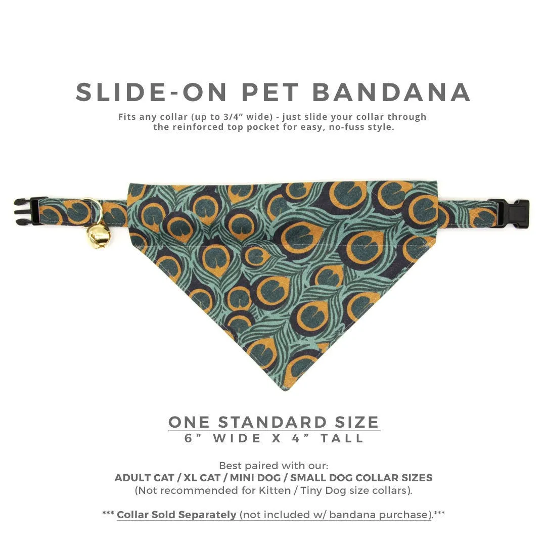 Pet Bandana - "Peacock" - Art Nouveau Teal & Gold Bandana for Cat   Small Dog / Art Deco, Fall, Feathers / Slide-on Bandana / Over-the-Collar (One Size)