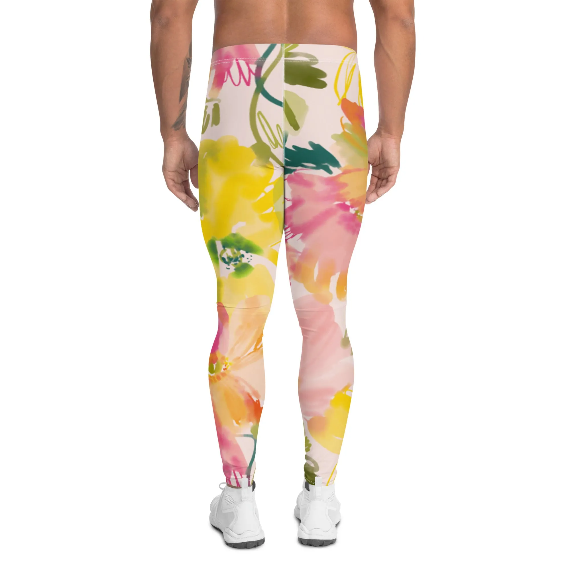 Pink Orange Floral Men's Leggings, Classic Flower Print Best Designer Compression Tights For Men-Made in USA/EU/MX