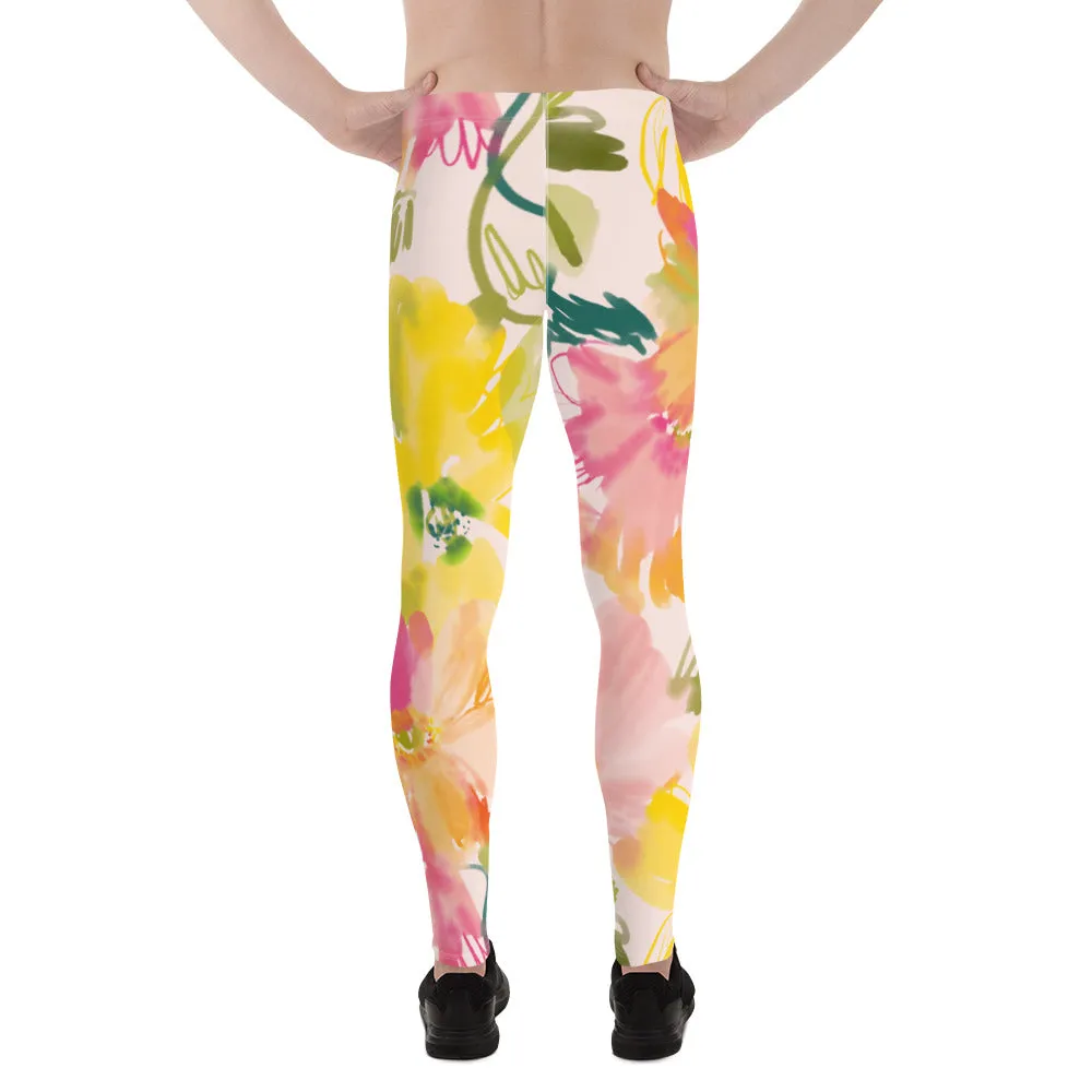 Pink Orange Floral Men's Leggings, Classic Flower Print Best Designer Compression Tights For Men-Made in USA/EU/MX