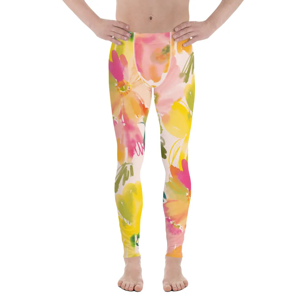 Pink Orange Floral Men's Leggings, Classic Flower Print Best Designer Compression Tights For Men-Made in USA/EU/MX