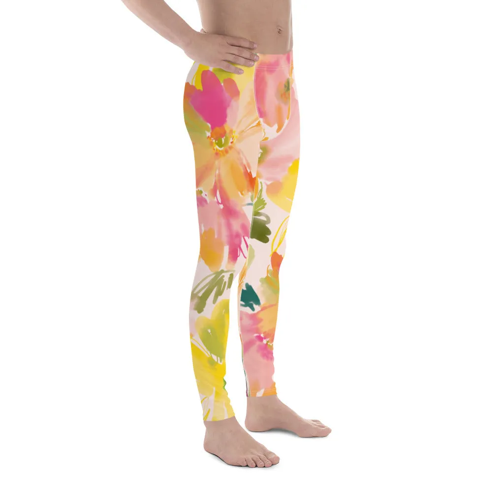 Pink Orange Floral Men's Leggings, Classic Flower Print Best Designer Compression Tights For Men-Made in USA/EU/MX