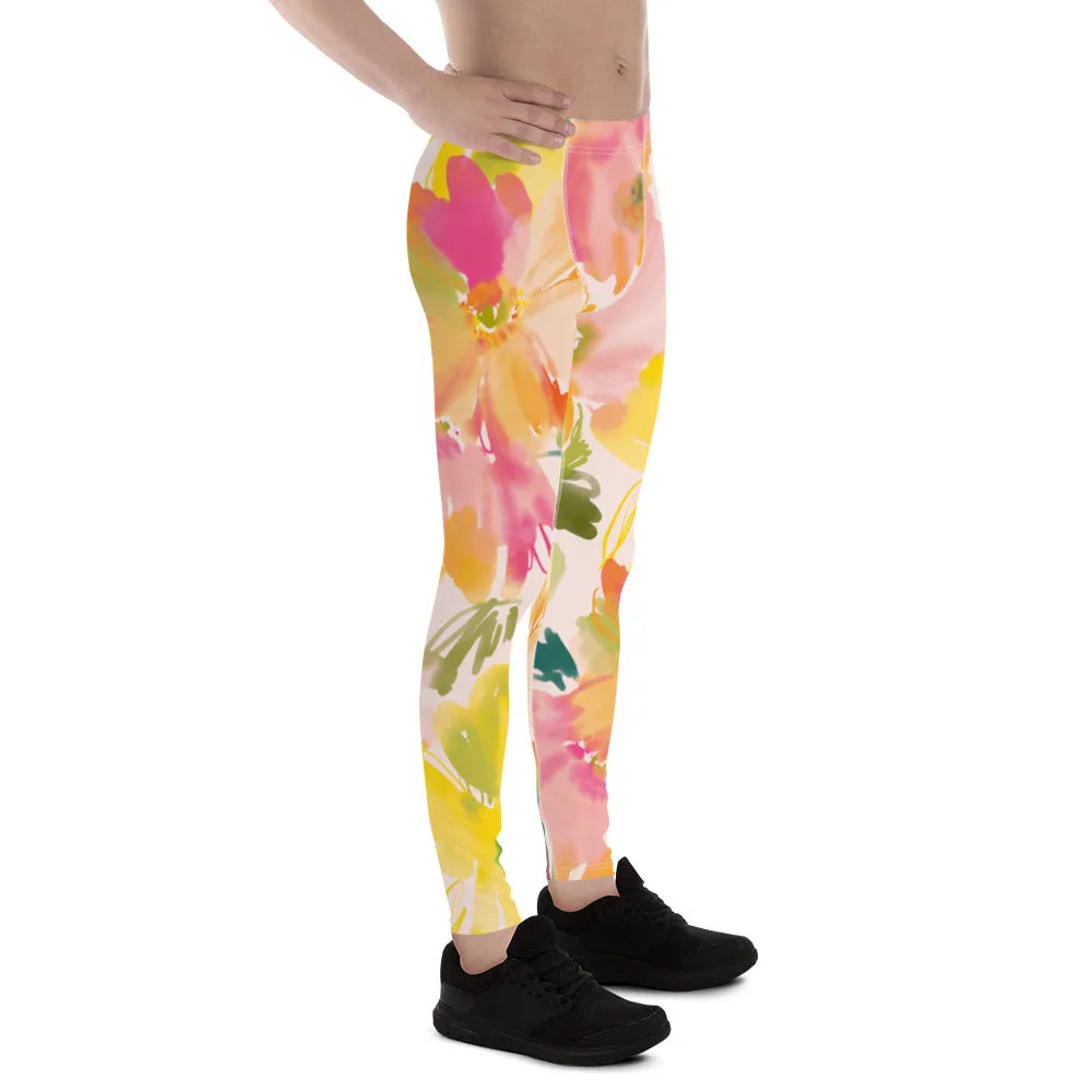 Pink Orange Floral Men's Leggings, Classic Flower Print Best Designer Compression Tights For Men-Made in USA/EU/MX