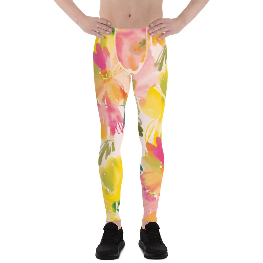 Pink Orange Floral Men's Leggings, Classic Flower Print Best Designer Compression Tights For Men-Made in USA/EU/MX