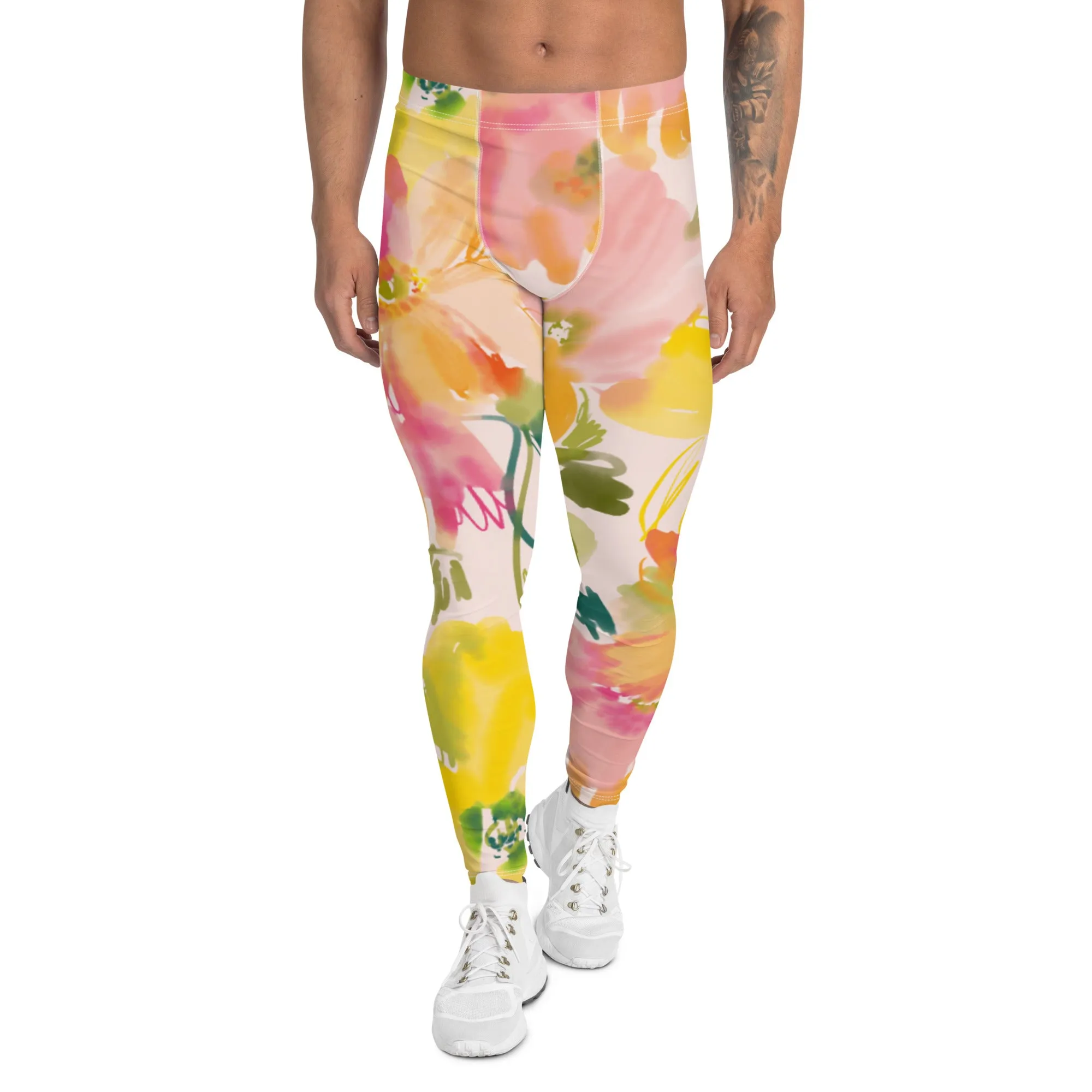 Pink Orange Floral Men's Leggings, Classic Flower Print Best Designer Compression Tights For Men-Made in USA/EU/MX