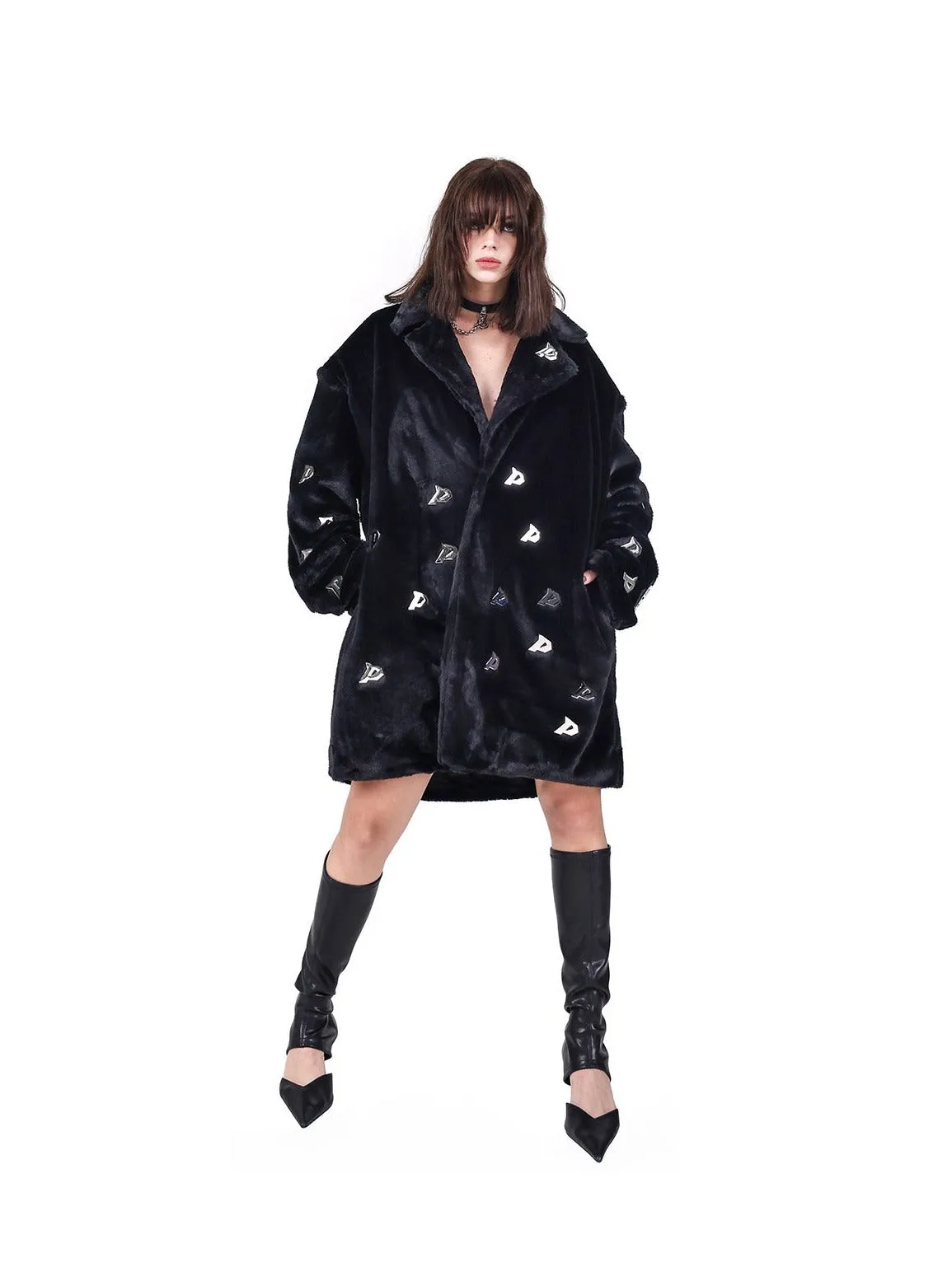 PINKSPINK Embroidered Ghost Faux Fur Coat - Black