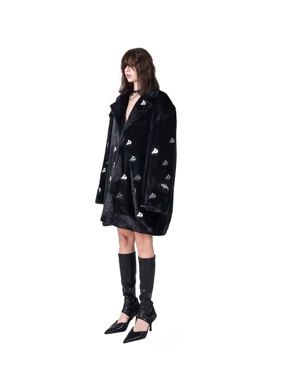 PINKSPINK Embroidered Ghost Faux Fur Coat - Black