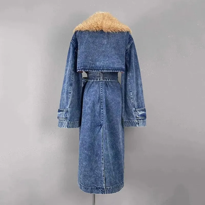 Pre Order:  Faux Fur Collar Denim Overcoat - @phenomenalkat