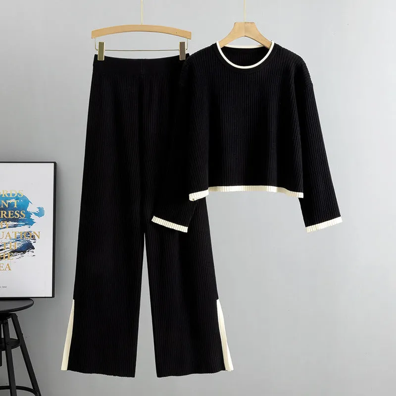 Pre Order: Knitted Short Sweater   Wide Leg Pants Set