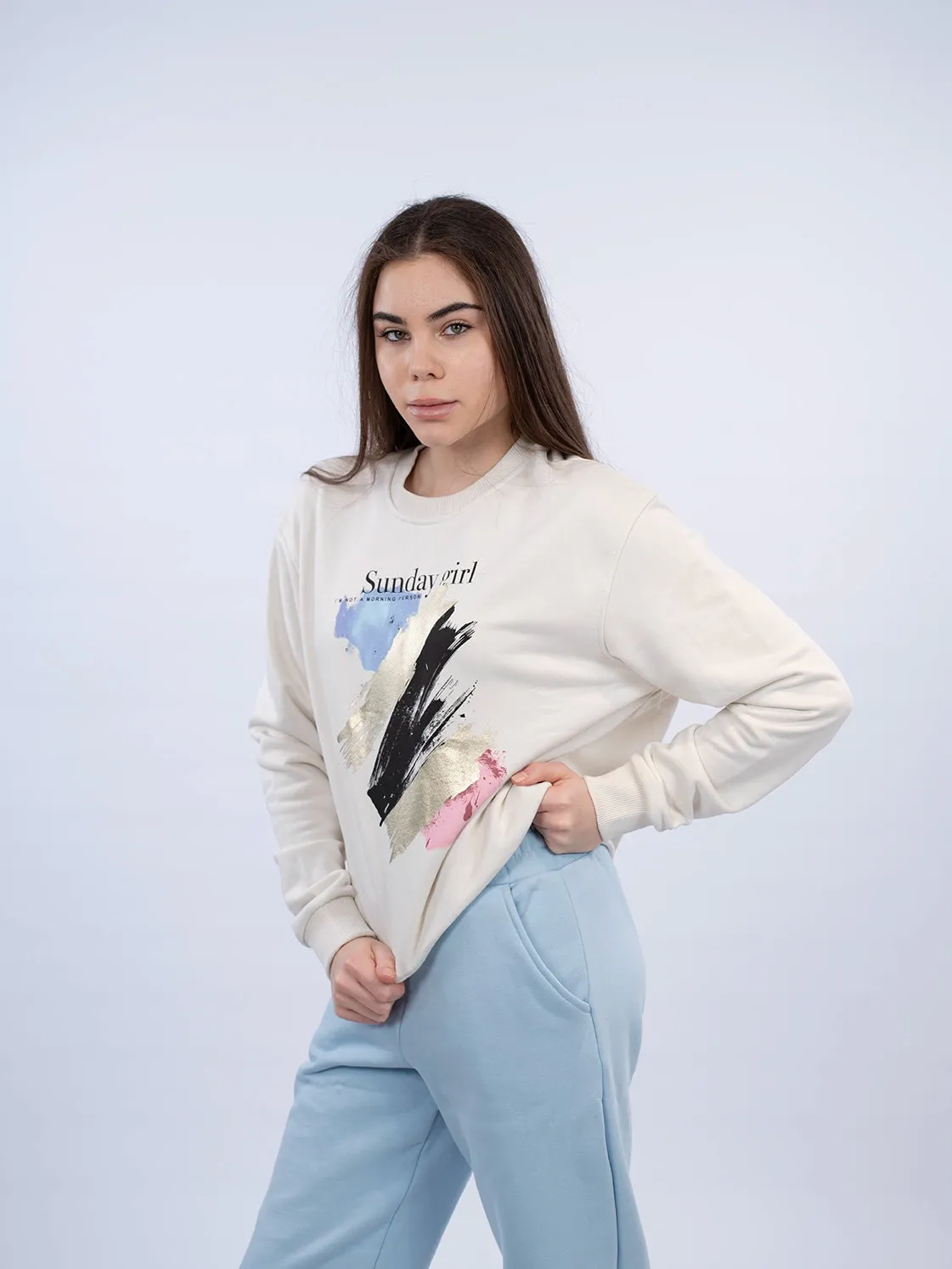 Printed Light Beige Sweater Round Neck