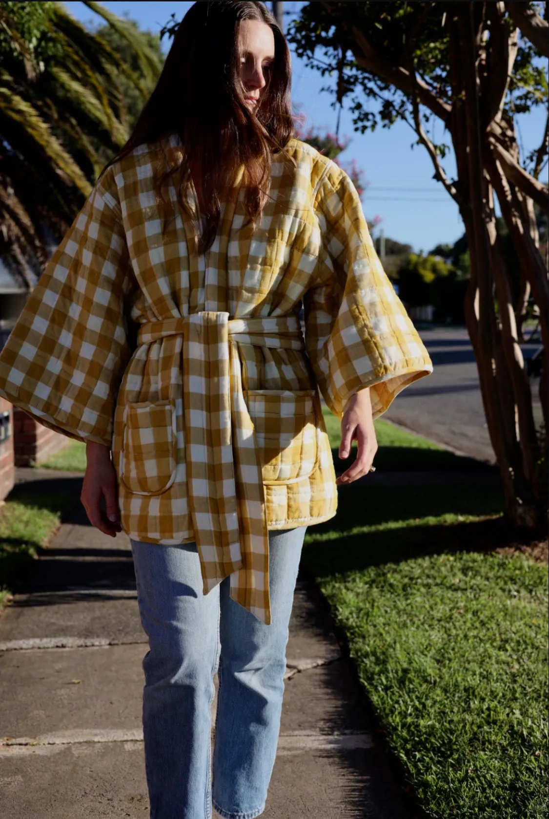 Quilted Kimono Jacket - Yellow Gingham