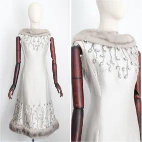 "Silver Silk & Rhinestones" Vintage 1960's Shantung Silk & Beadwork Cocktail Dress UK 10-12 US 6-8