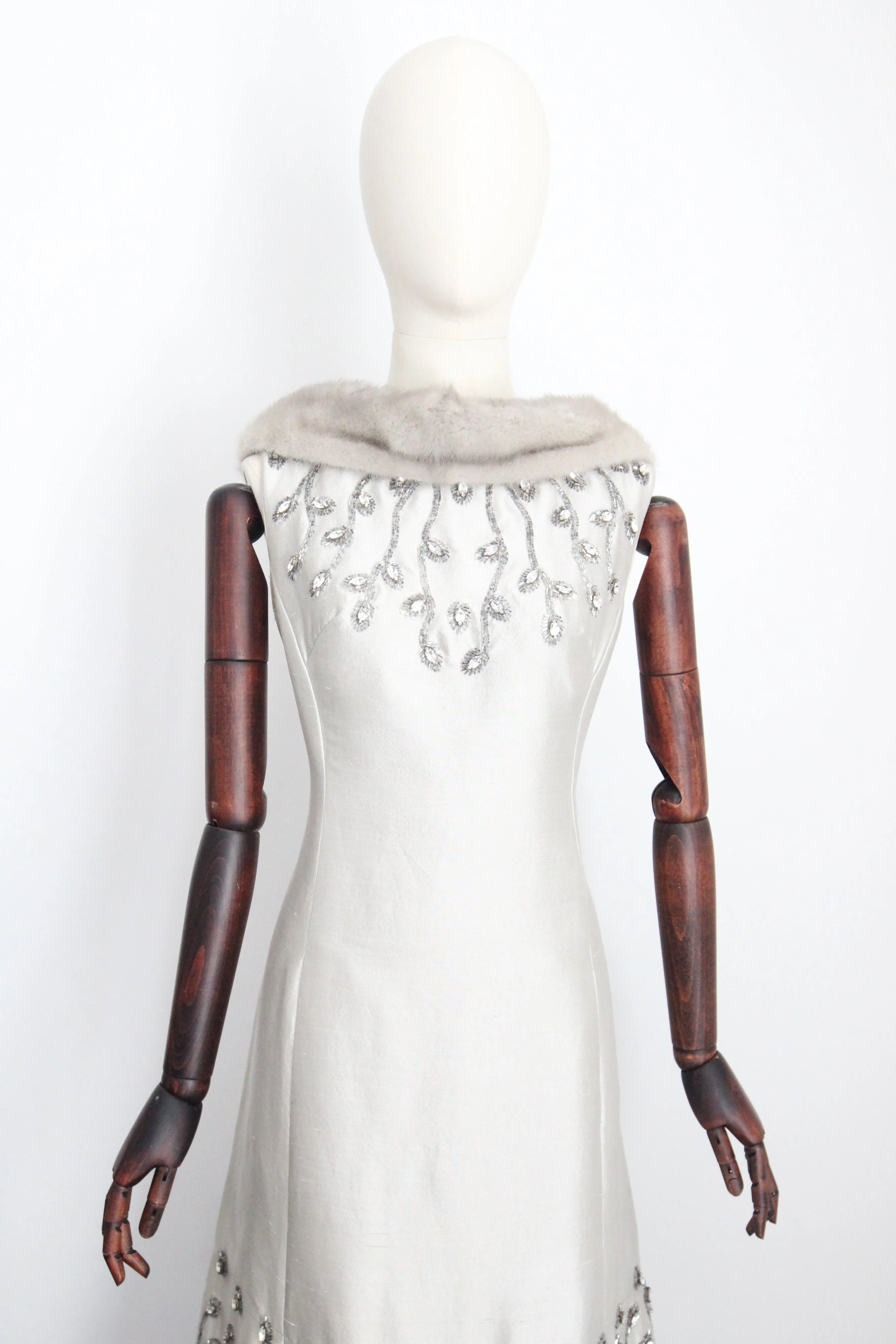 "Silver Silk & Rhinestones" Vintage 1960's Shantung Silk & Beadwork Cocktail Dress UK 10-12 US 6-8