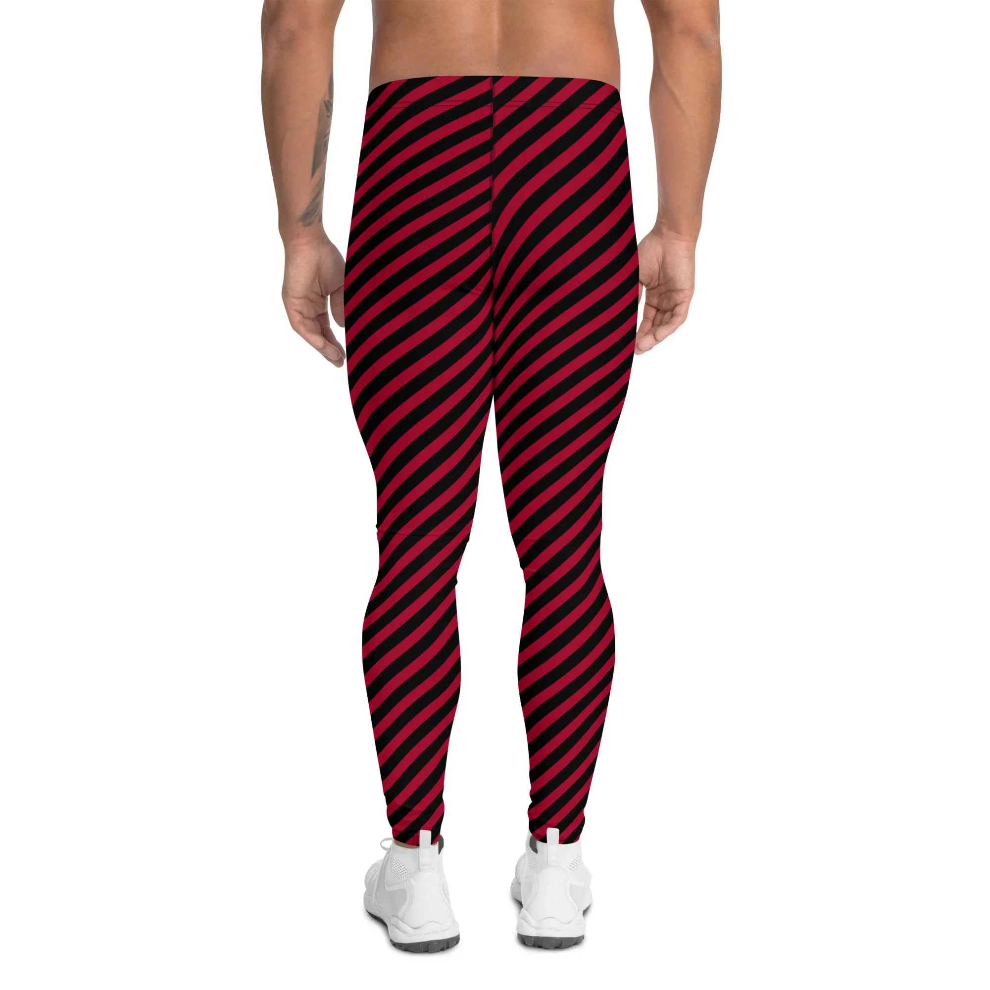 Red Black Diagonal Striped Meggings, Colorful Best Compression Tights For Men - Made in USA/EU/MX