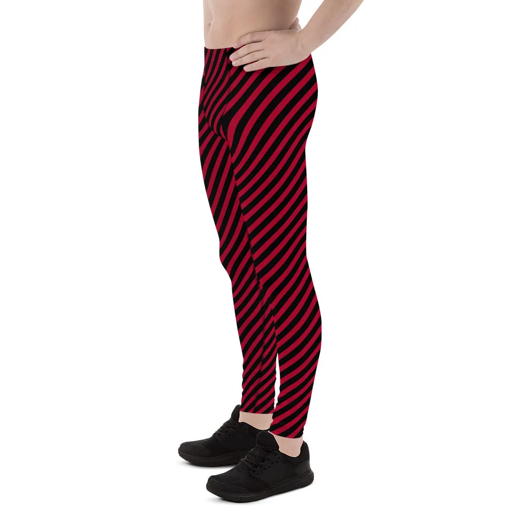 Red Black Diagonal Striped Meggings, Colorful Best Compression Tights For Men - Made in USA/EU/MX