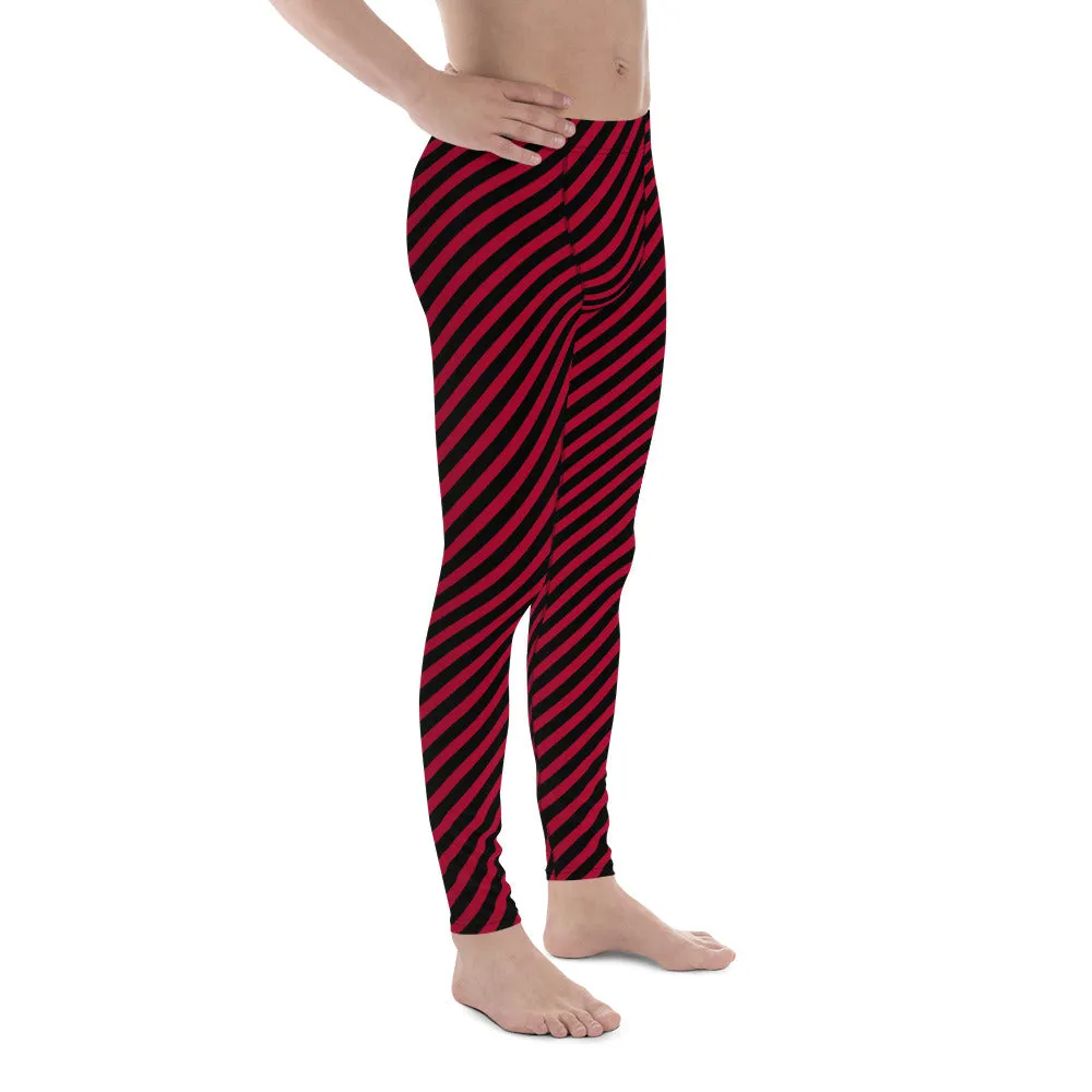 Red Black Diagonal Striped Meggings, Colorful Best Compression Tights For Men - Made in USA/EU/MX