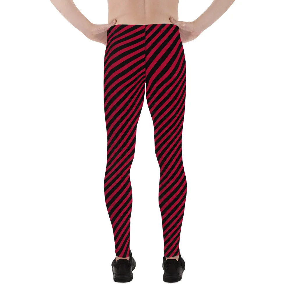 Red Black Diagonal Striped Meggings, Colorful Best Compression Tights For Men - Made in USA/EU/MX