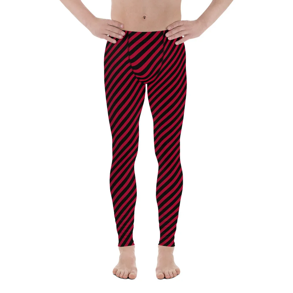 Red Black Diagonal Striped Meggings, Colorful Best Compression Tights For Men - Made in USA/EU/MX