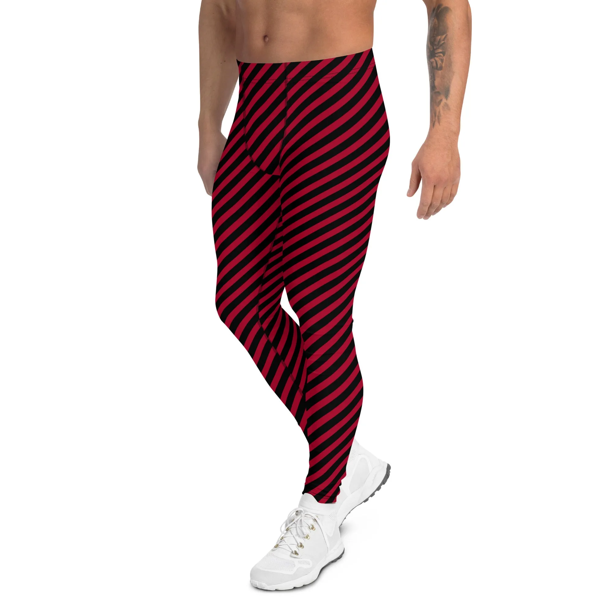 Red Black Diagonal Striped Meggings, Colorful Best Compression Tights For Men - Made in USA/EU/MX