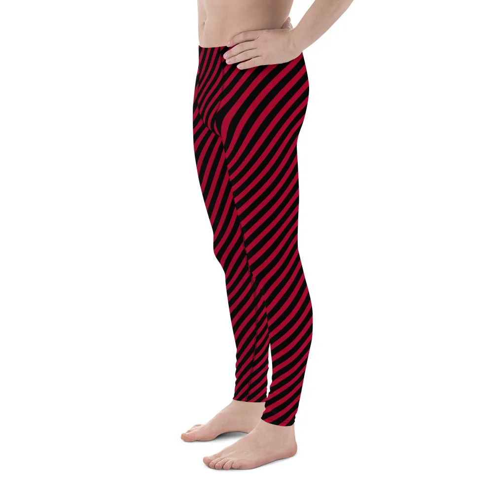 Red Black Diagonal Striped Meggings, Colorful Best Compression Tights For Men - Made in USA/EU/MX