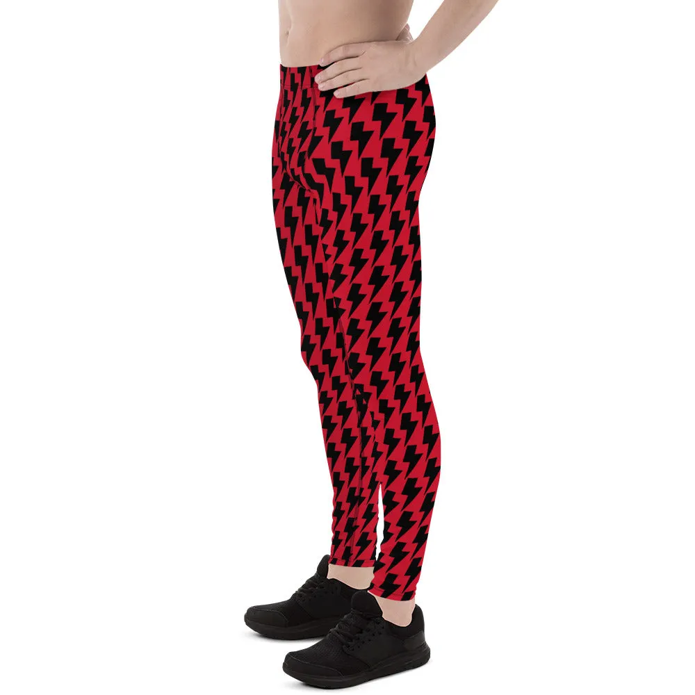 Red Black Lightning Men's Leggings, Lightning Pattern Abstract Designer Running Compression Tights For Men - Made in USA/EU/MX