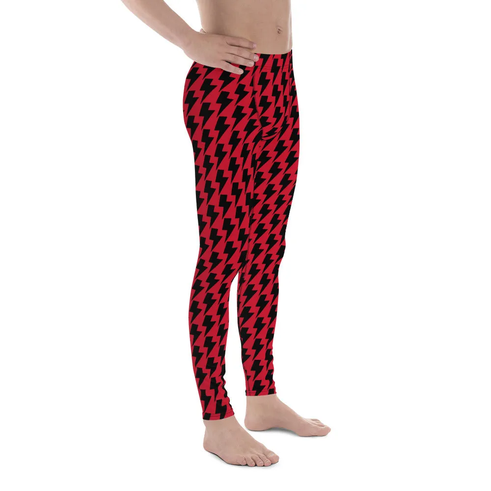 Red Black Lightning Men's Leggings, Lightning Pattern Abstract Designer Running Compression Tights For Men - Made in USA/EU/MX