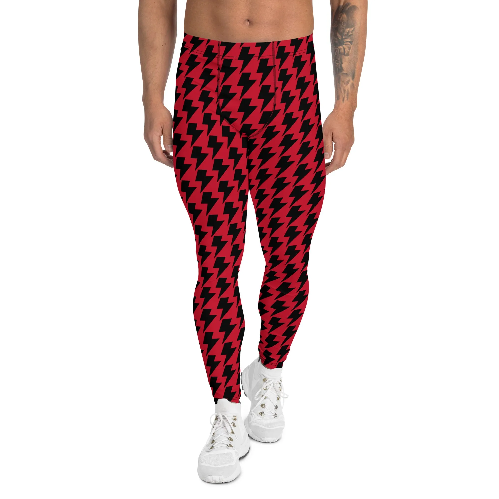 Red Black Lightning Men's Leggings, Lightning Pattern Abstract Designer Running Compression Tights For Men - Made in USA/EU/MX