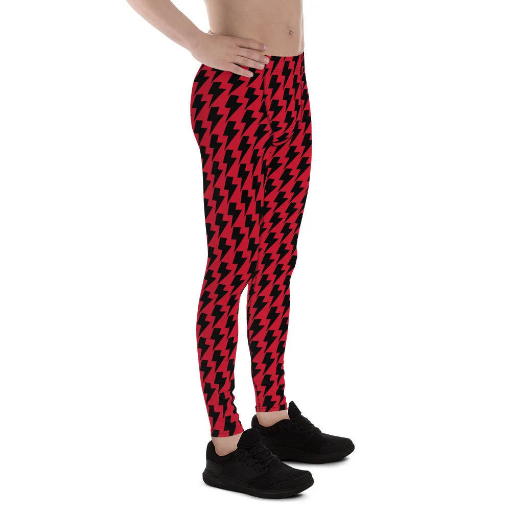 Red Black Lightning Men's Leggings, Lightning Pattern Abstract Designer Running Compression Tights For Men - Made in USA/EU/MX