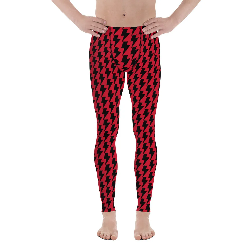 Red Black Lightning Men's Leggings, Lightning Pattern Abstract Designer Running Compression Tights For Men - Made in USA/EU/MX