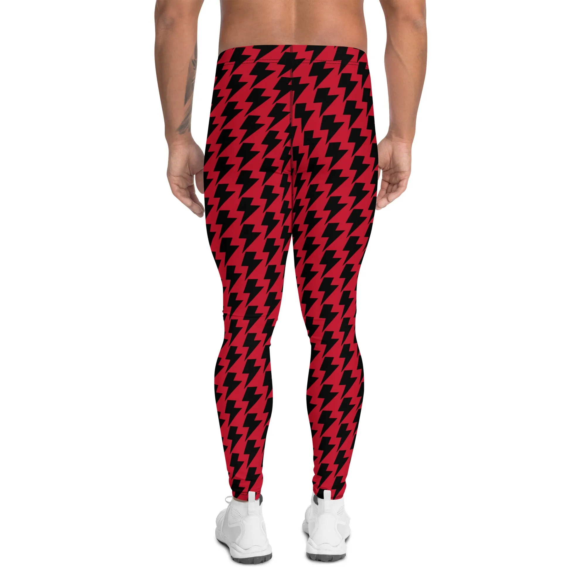 Red Black Lightning Men's Leggings, Lightning Pattern Abstract Designer Running Compression Tights For Men - Made in USA/EU/MX