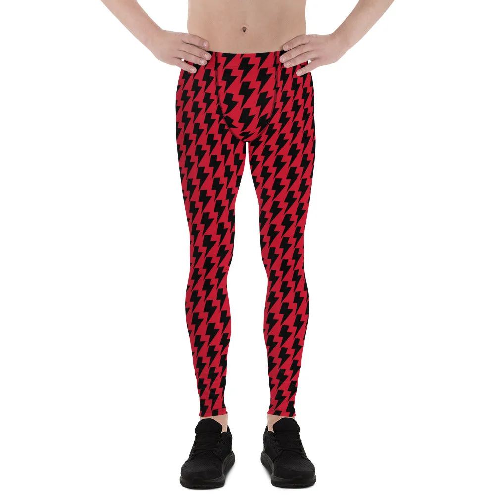 Red Black Lightning Men's Leggings, Lightning Pattern Abstract Designer Running Compression Tights For Men - Made in USA/EU/MX