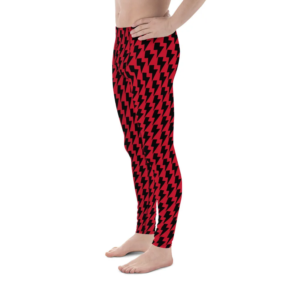 Red Black Lightning Men's Leggings, Lightning Pattern Abstract Designer Running Compression Tights For Men - Made in USA/EU/MX