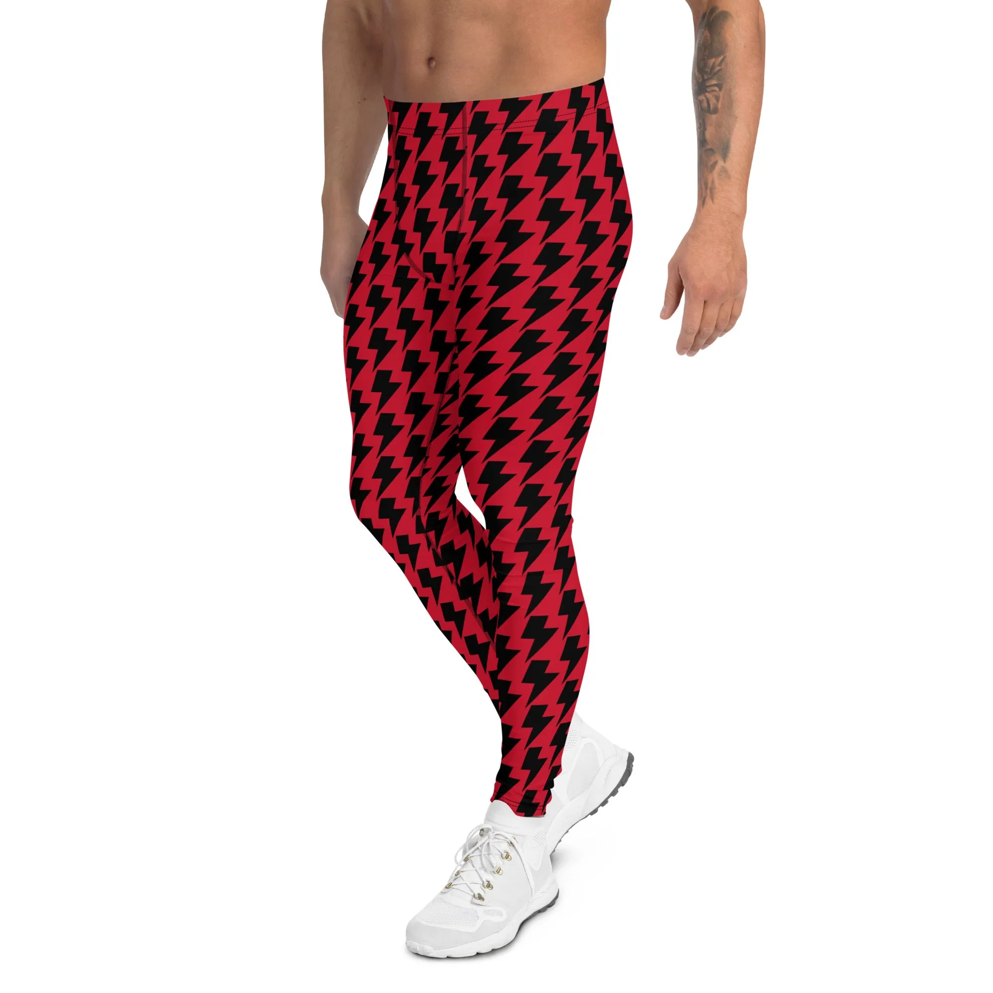 Red Black Lightning Men's Leggings, Lightning Pattern Abstract Designer Running Compression Tights For Men - Made in USA/EU/MX