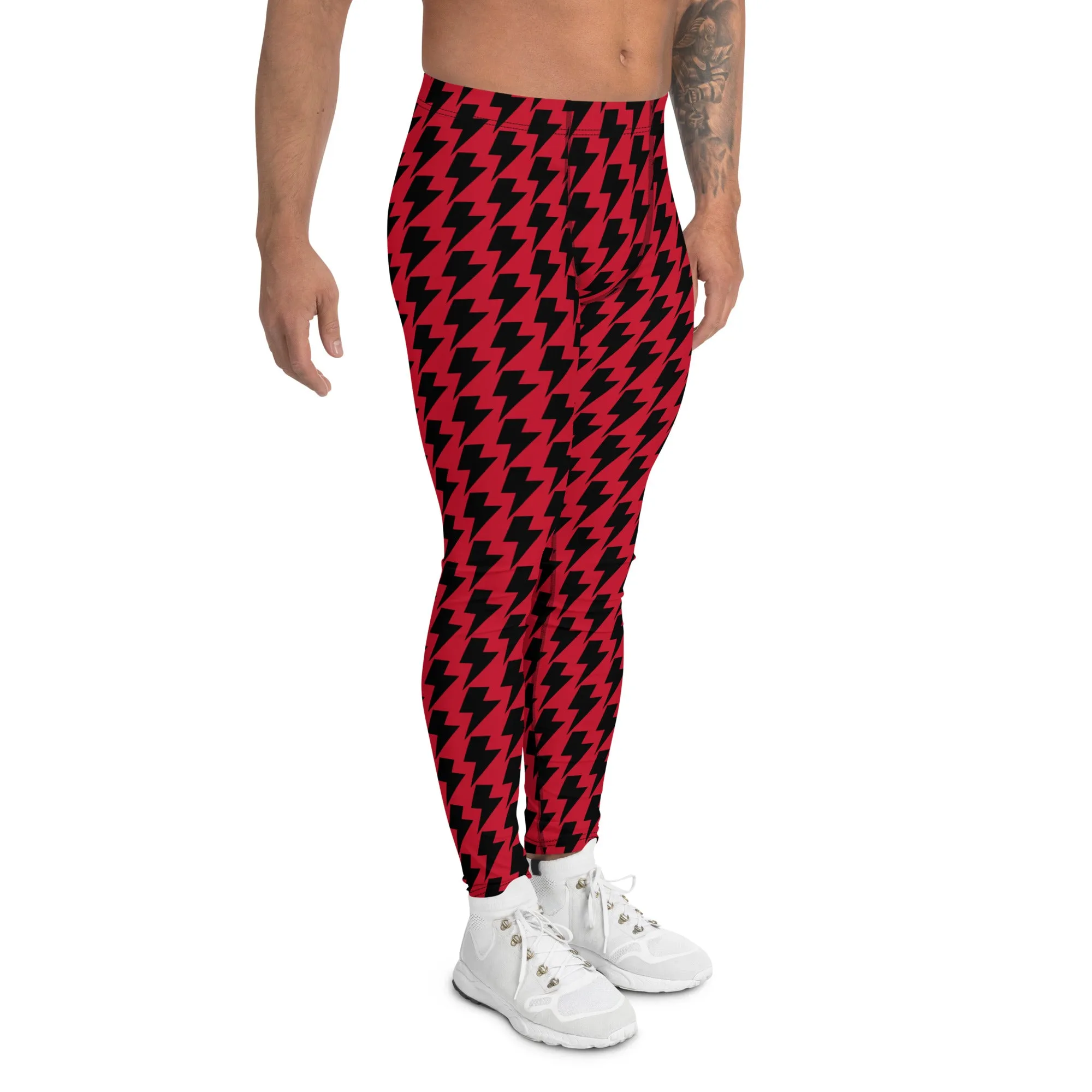 Red Black Lightning Men's Leggings, Lightning Pattern Abstract Designer Running Compression Tights For Men - Made in USA/EU/MX