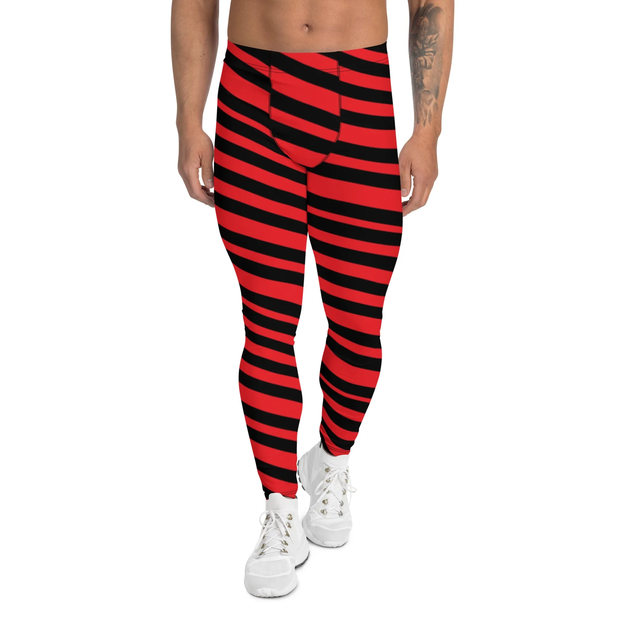 Red Black Striped Men's Leggings, Diagonally Stripes Modern Premium Running Tights For Men