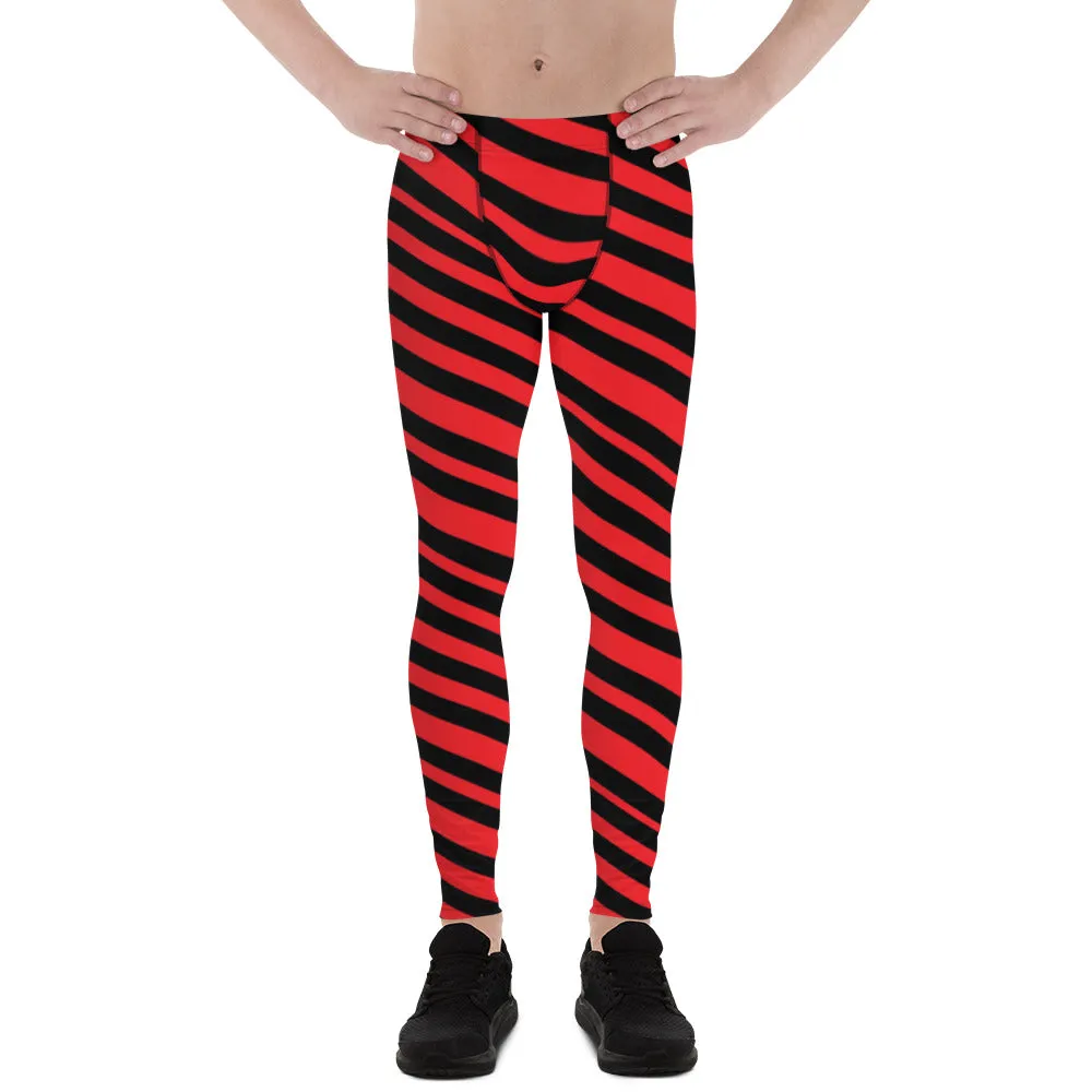 Red Black Striped Men's Leggings, Diagonally Stripes Modern Premium Running Tights For Men