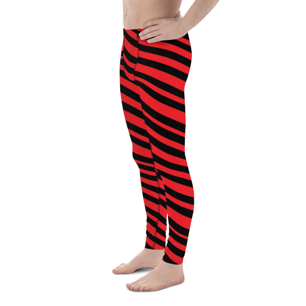 Red Black Striped Men's Leggings, Diagonally Stripes Modern Premium Running Tights For Men