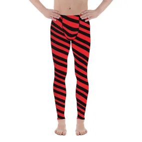 Red Black Striped Men's Leggings, Diagonally Stripes Modern Premium Running Tights For Men