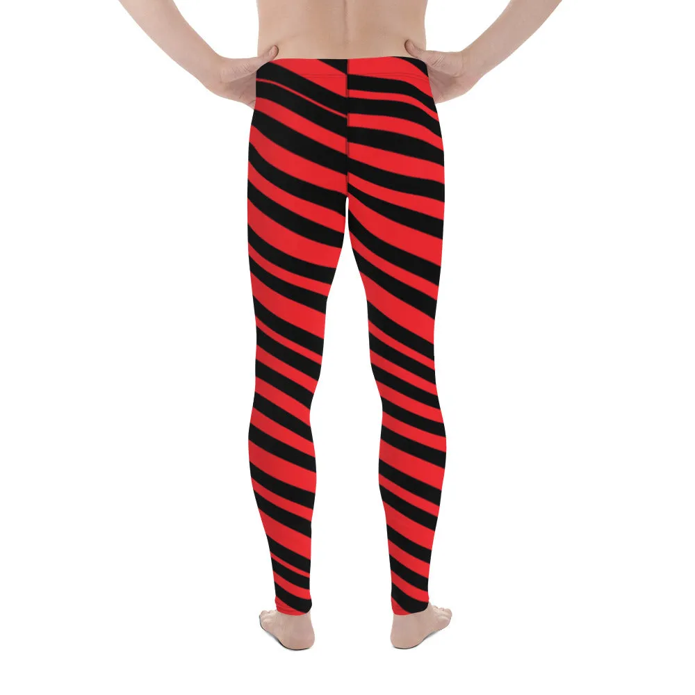 Red Black Striped Men's Leggings, Diagonally Stripes Modern Premium Running Tights For Men