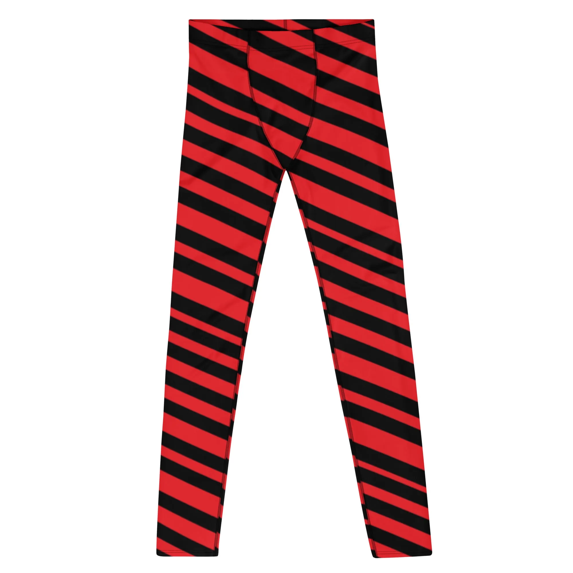 Red Black Striped Men's Leggings, Diagonally Stripes Modern Premium Running Tights For Men