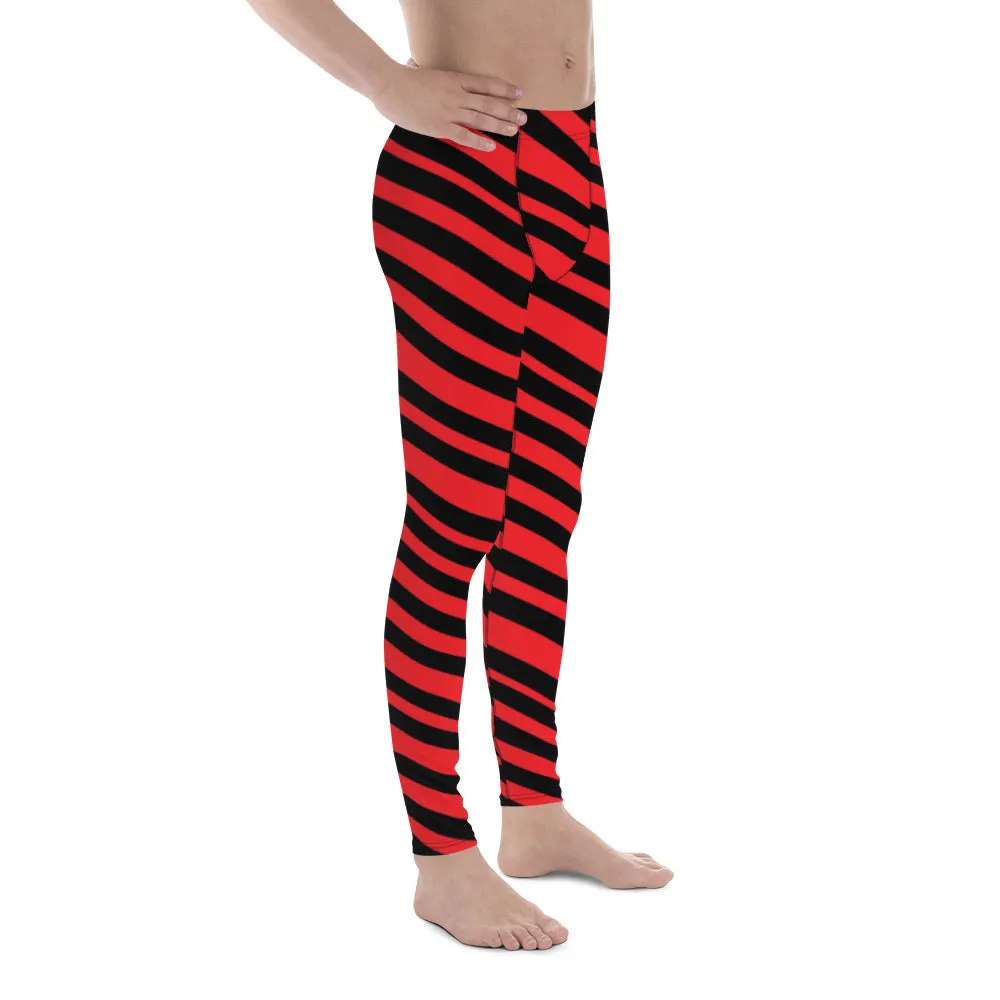 Red Black Striped Men's Leggings, Diagonally Stripes Modern Premium Running Tights For Men