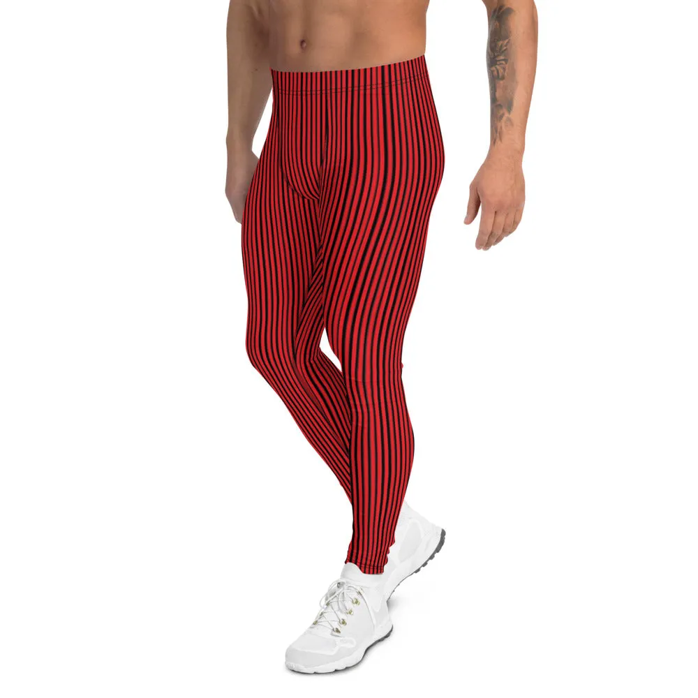 Red Black Striped Men's Leggings, Modern Stripes Designer Meggings Tights-Made in USA/EU