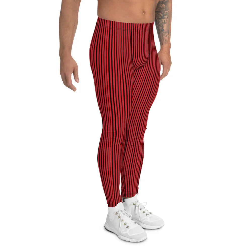 Red Black Striped Men's Leggings, Modern Stripes Designer Meggings Tights-Made in USA/EU