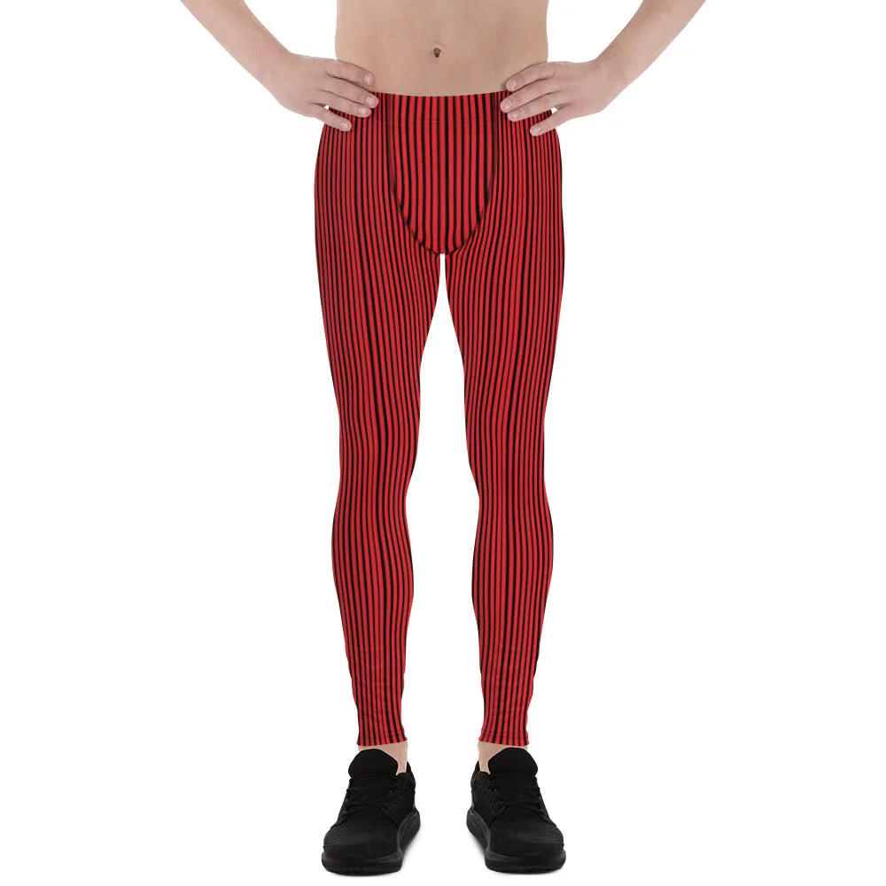 Red Black Striped Men's Leggings, Modern Stripes Designer Meggings Tights-Made in USA/EU