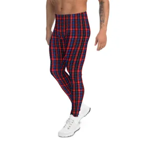 Red Blue Plaid Men's Leggings, Tartan Print Men Run Compression Tights-Made in USA/EU