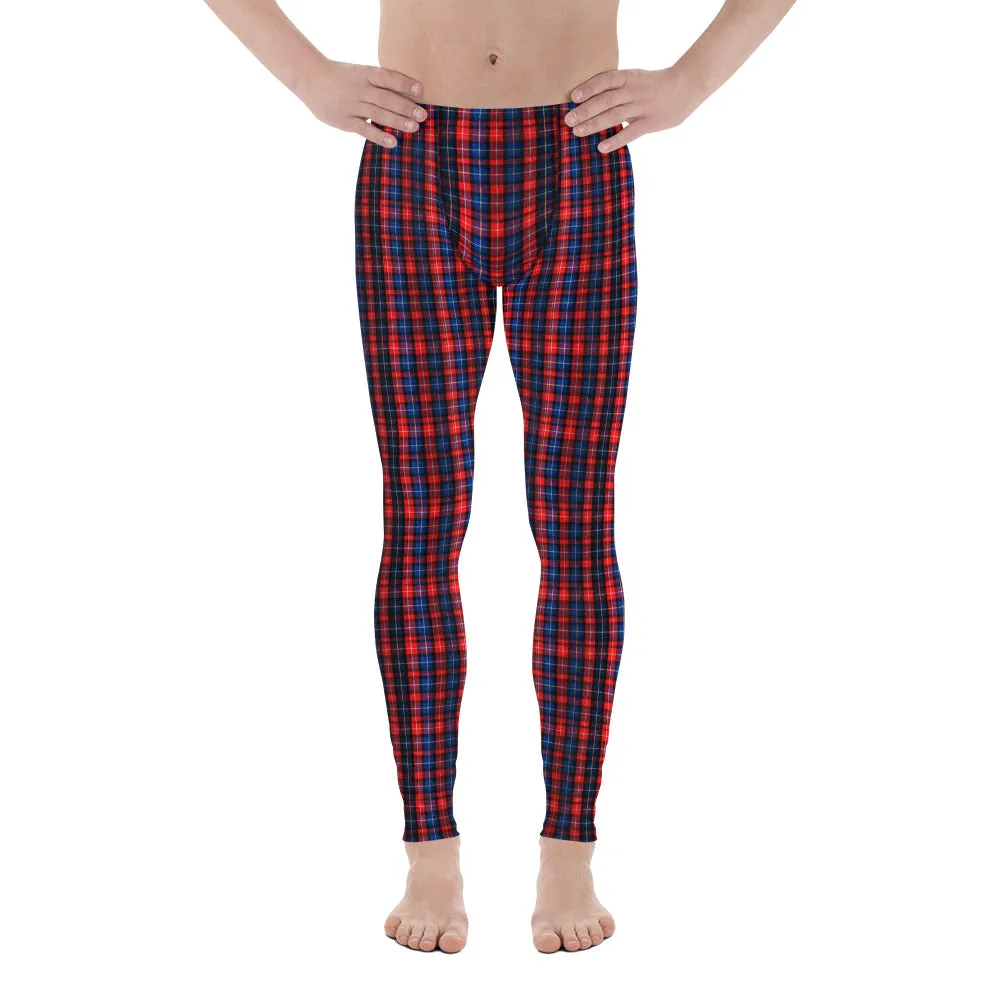 Red Blue Plaid Men's Leggings, Tartan Print Men Run Compression Tights-Made in USA/EU