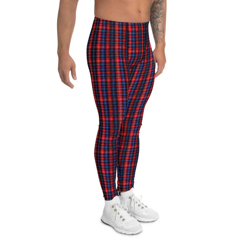 Red Blue Plaid Men's Leggings, Tartan Print Men Run Compression Tights-Made in USA/EU