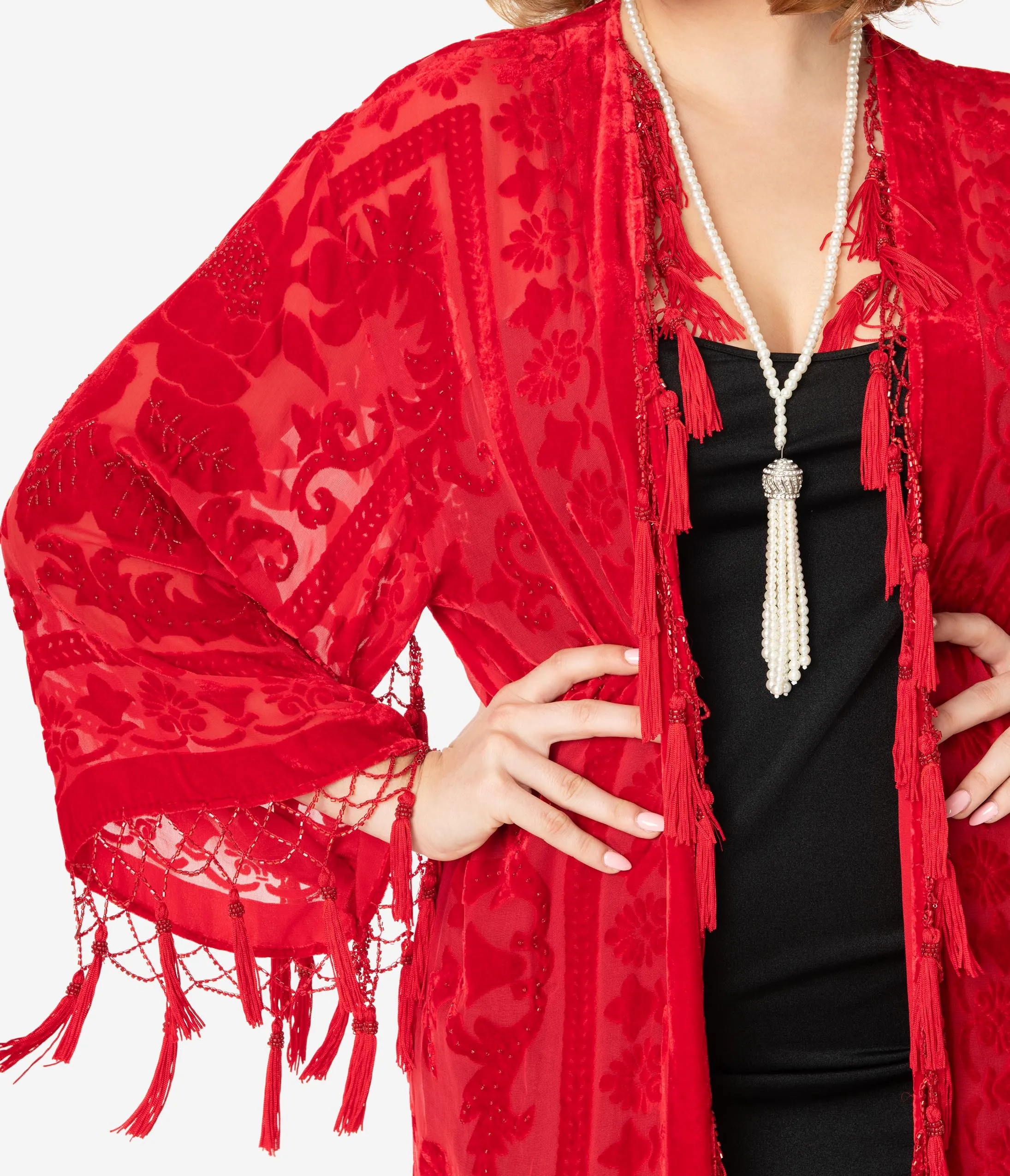 Red Devore Velvet Beaded Fringe Long Flapper Coat