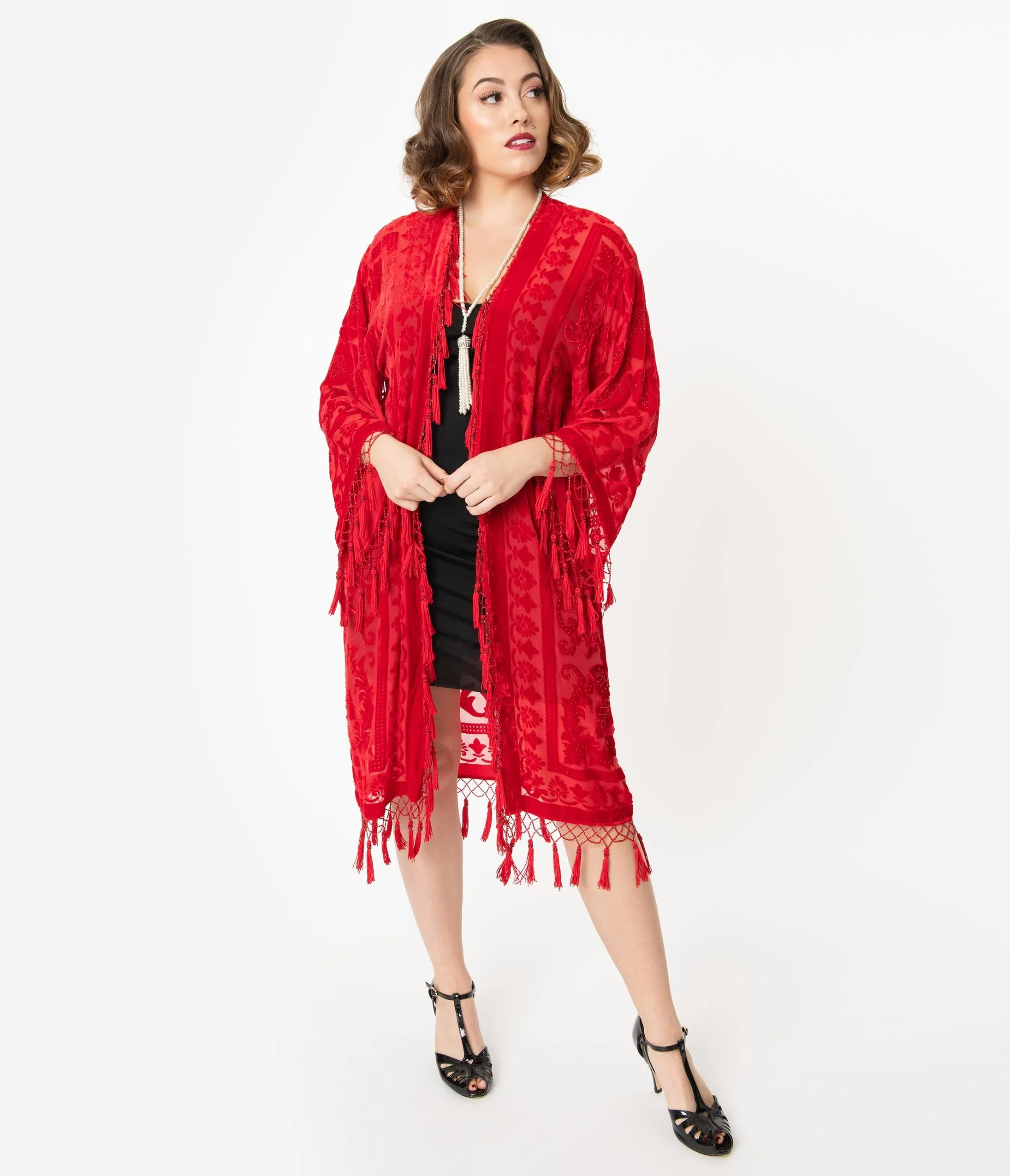 Red Devore Velvet Beaded Fringe Long Flapper Coat