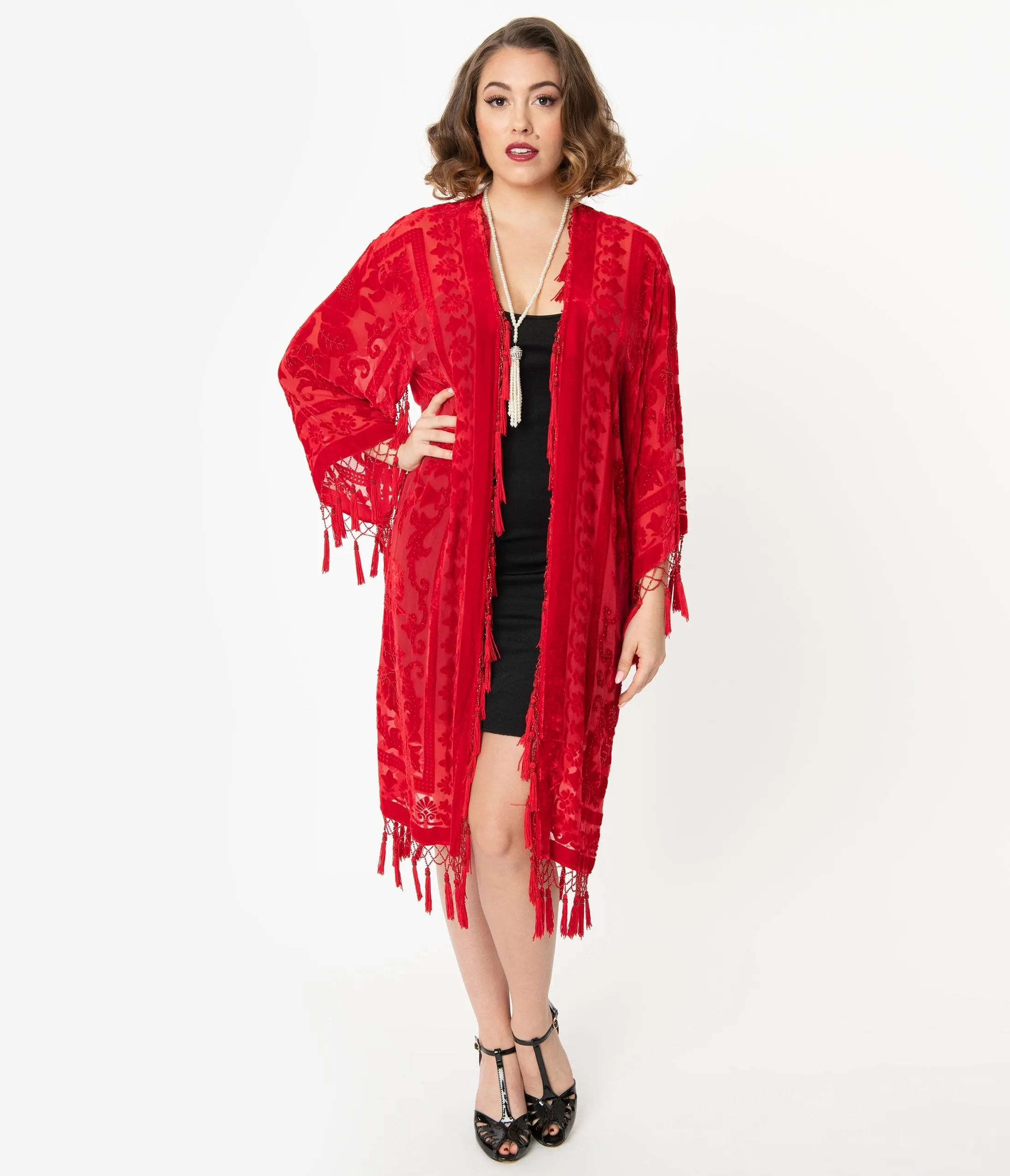 Red Devore Velvet Beaded Fringe Long Flapper Coat