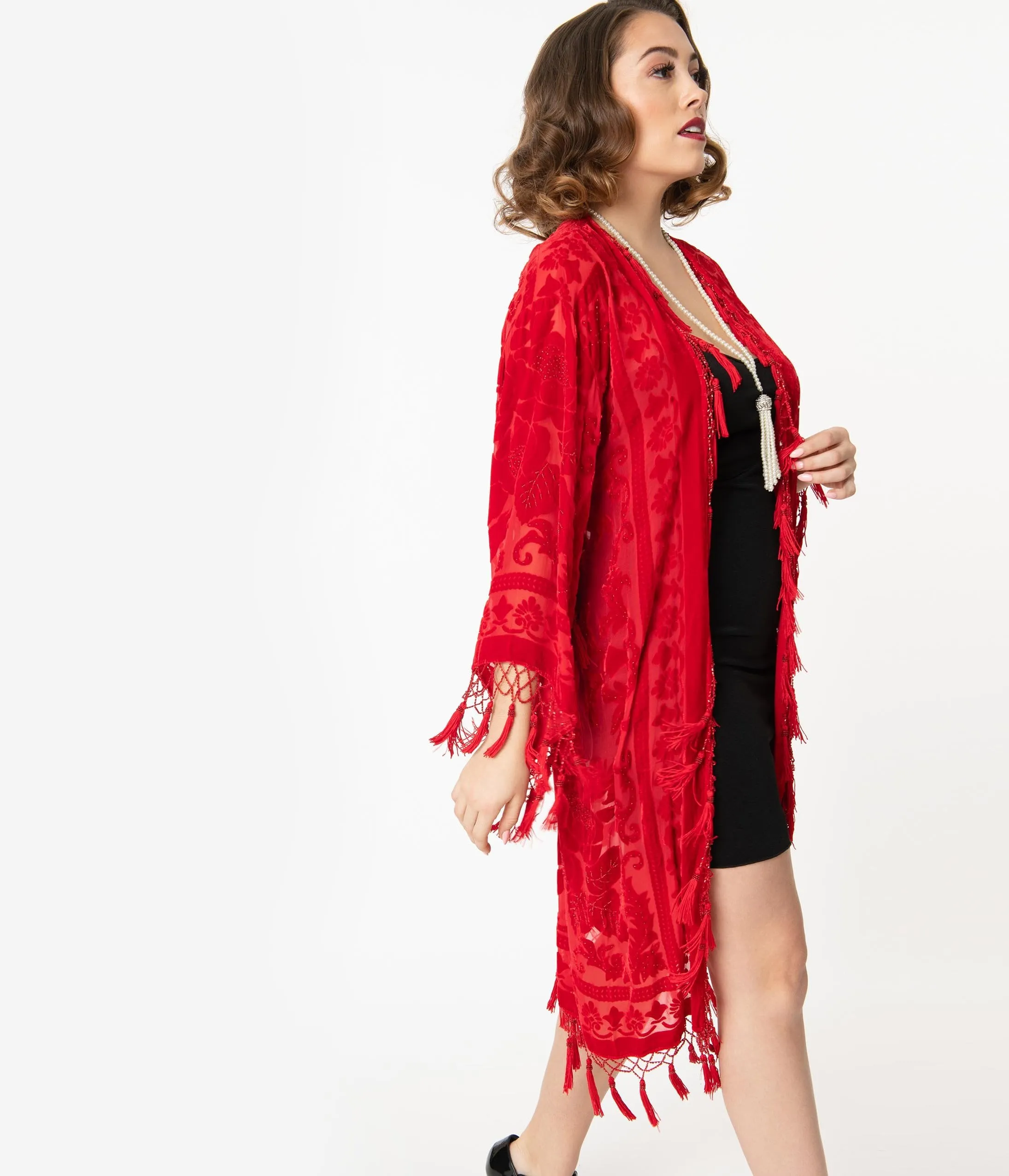 Red Devore Velvet Beaded Fringe Long Flapper Coat